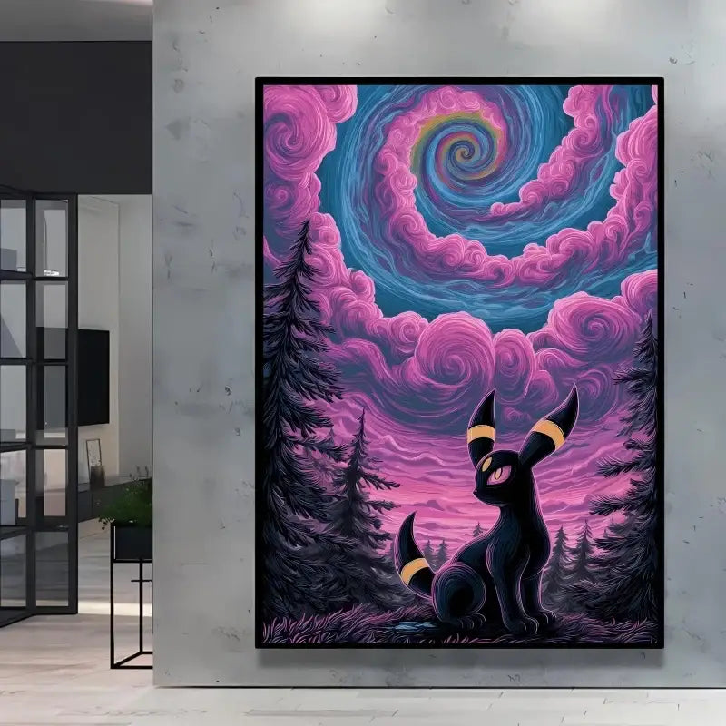 Affiche pokémon van gogh montrant un eevee noir aux rayures jaunes devant des nuages tourbillonnants nuit étoilée