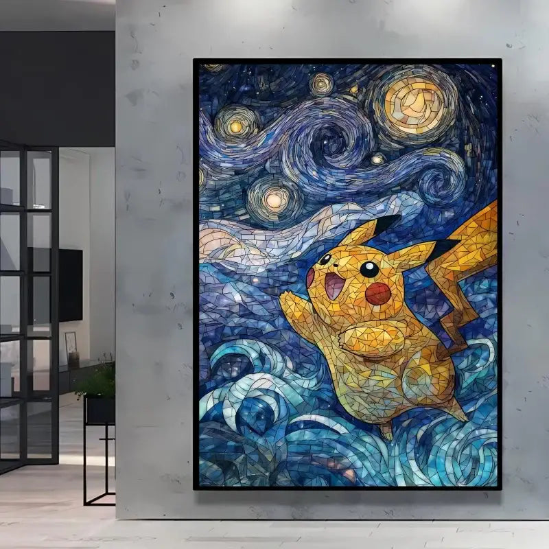 Poster pokémon pikachu snorlax van gogh en vitrail avec motifs jaune et bleu inspirés de la nuit étoilée