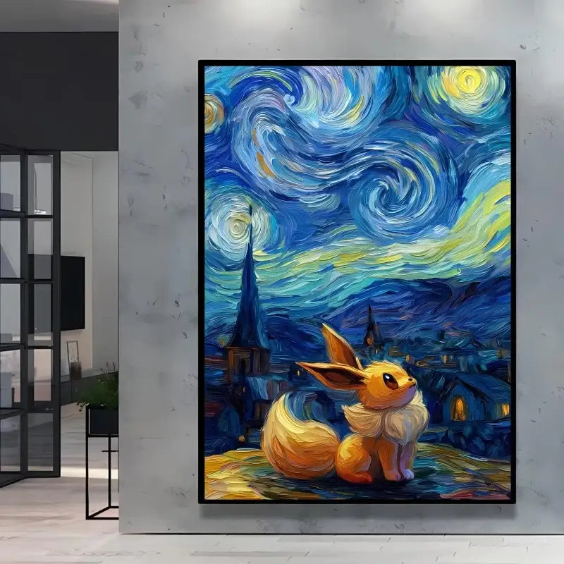 A framed canvas poster pokémon featuring golden-yellow eevee under van gogh inspired nuit étoilée sky with dark building silhouettes
