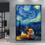 A framed canvas poster pokémon featuring golden-yellow eevee under van gogh inspired nuit étoilée sky with dark building silhouettes