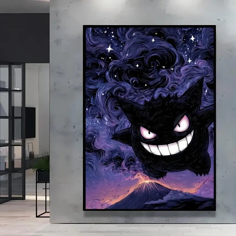 Framed canvas poster pokémon featuring black gengar with glowing eyes against purple cosmic nuit étoilée inspired by van gogh