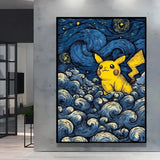 Poster pokémon van gogh nuit étoilée avec pikachu jaune sur vagues bleues tourbillonnantes toile stylisée