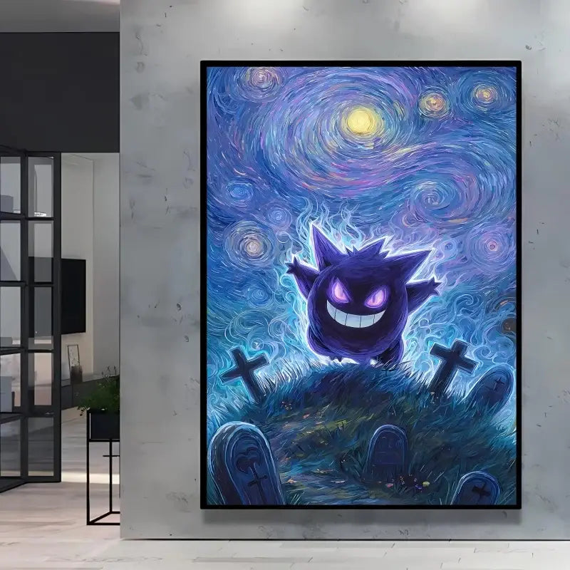 A framed canvas poster pokémon featuring a purple gengar with glowing eyes against a van gogh style nuit étoilée background