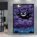 Illustration gengar violet et noir sur toile avec nuages violets tourbillonnants sous lune en croissant dans poster pokémon van gogh nuit étoilée