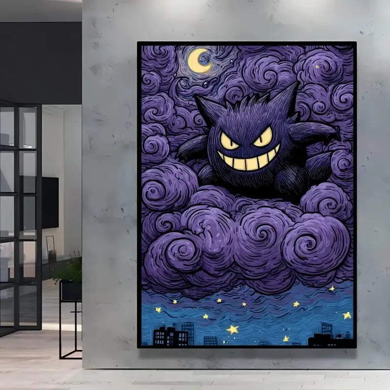 Illustration gengar violet et noir sur toile avec nuages violets tourbillonnants sous lune en croissant dans poster pokémon van gogh nuit étoilée