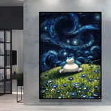 A framed canvas poster pokémon featuring snorlax in a van gogh style nuit étoilée with blue and white flowers