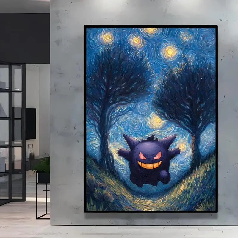 Affiche pokémon van gogh avec gengar violet sombre aux yeux rouges sur fond nuit étoilée bleue tourbillonnante