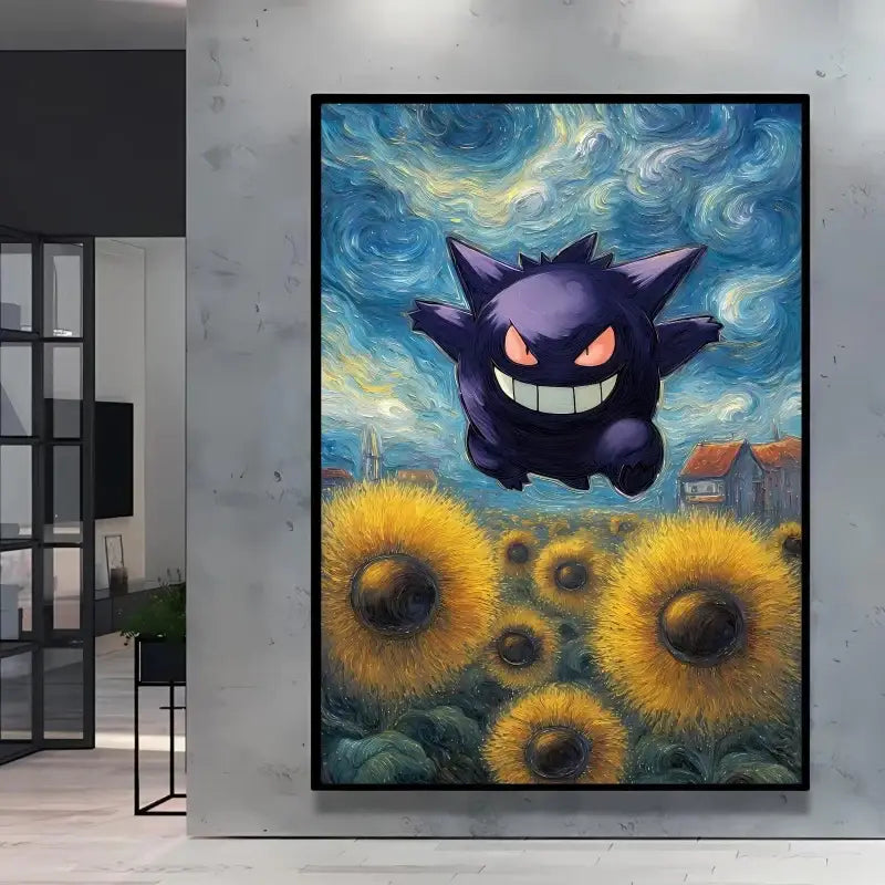 Poster pokémon encadré featuring van gogh style gengar purple with glowing orange eyes over sunflower field nuit étoilée
