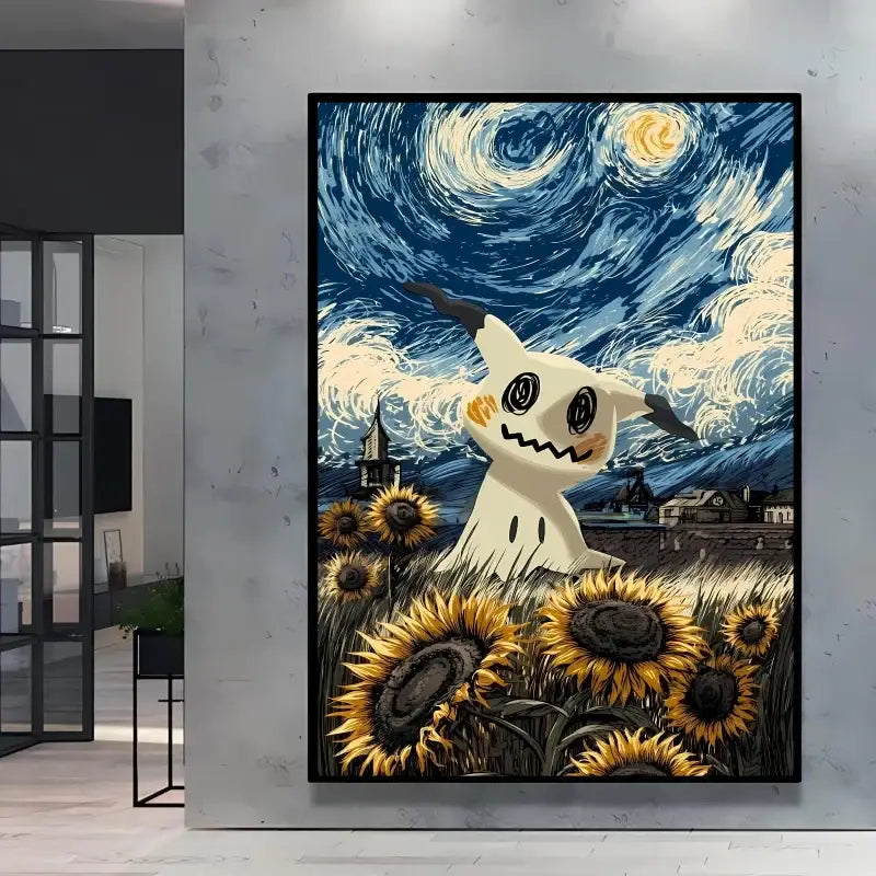 Affiche pokémon van gogh montrant un pikachu blanc cartoon dans un champ de tournesols sous une nuit étoilée bleue et jaune
