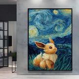 A framed canvas poster pokémon featuring tan eevee in stylized grass under swirling stars inspired by van gogh nuit étoilée
