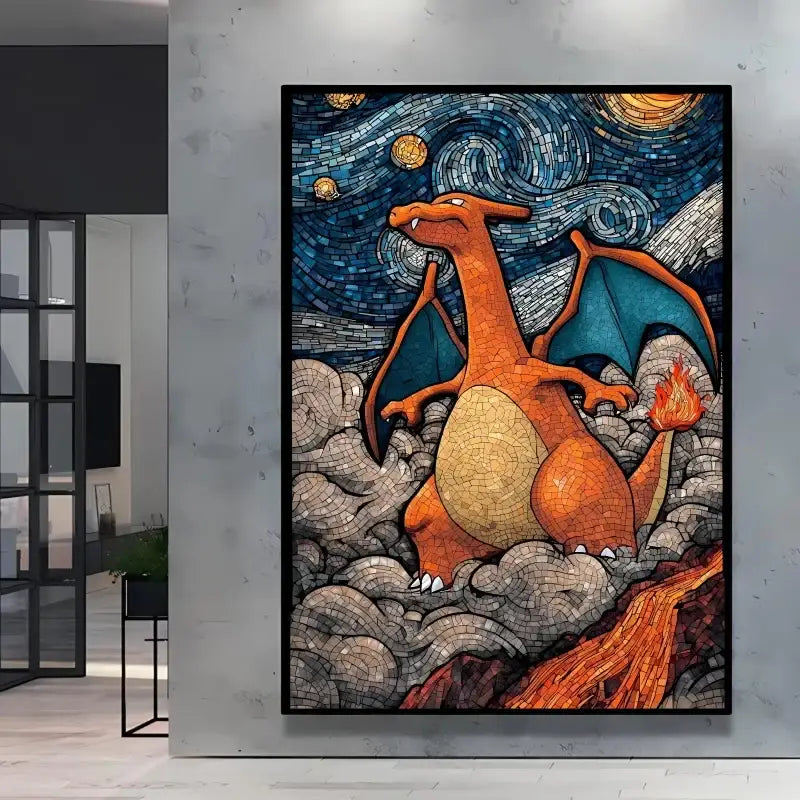 Affiche pokémon van gogh charizard mosaïque orange et bleu nuit étoilée stylisée avec motifs tourbillonnants bleus et ors