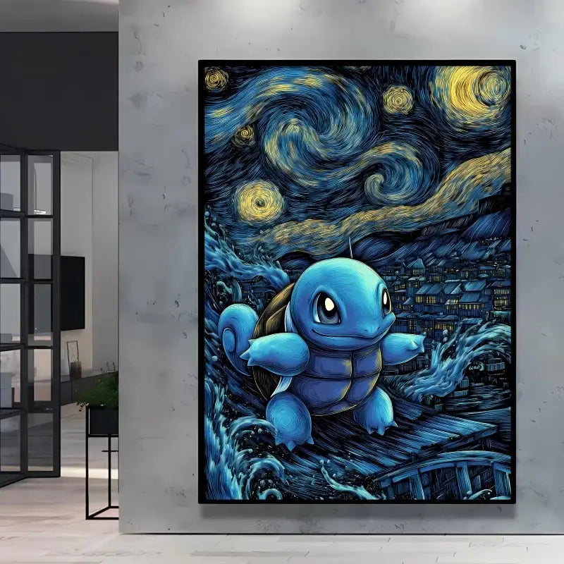 Poster pokémon bleu squirtle dans ciel nuit étoilée stylisé à la van gogh pour décoration murale