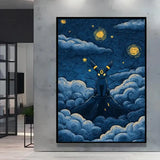 Poster pokémon van gogh avec eevee noir et jaune sur un pic sous une nuit étoilée inspirée de van gogh