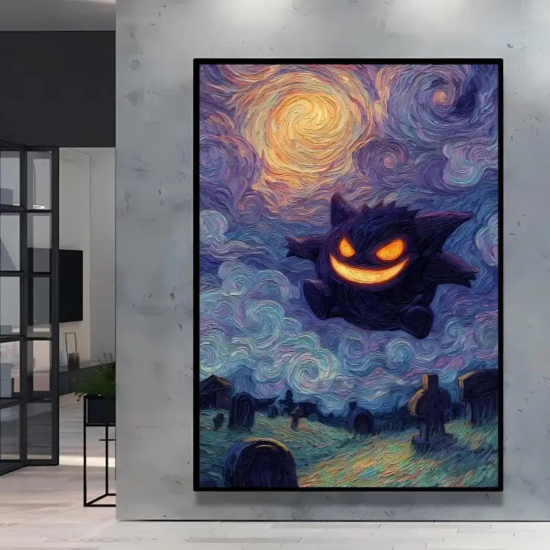 Poster pokémon gengar noir aux yeux oranges brillants dans une nuit étoilée style van gogh pour décoration murale