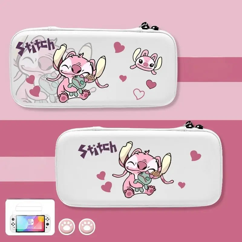 Étui nintendo switch stitch blanc à motifs cartoon roses et gris facile à installer pour protection nintendo switch