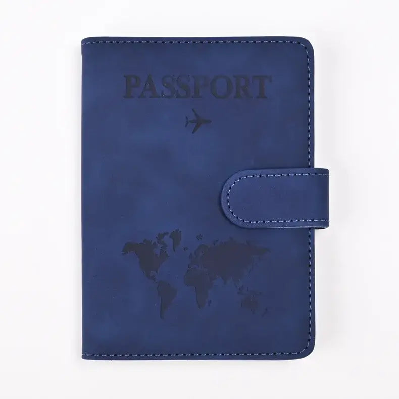 Protège-passeport rfid en cuir synthétique bleu foncé avec carte du monde embossée et motif avion