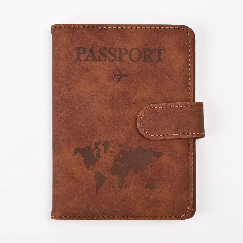 Protège-passeport rfid en cuir marron avec motif mappemonde et avion embossé pour sécurité voyage