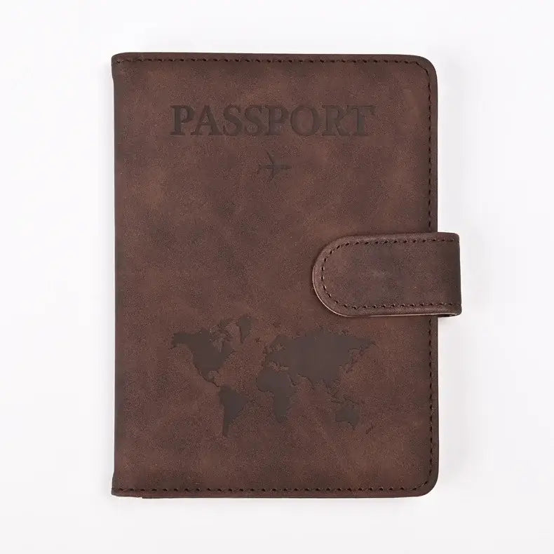 Protège passeport cuir brun avec carte du monde embossée et texte passport pour protection rfid antimagnétique