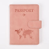 Protège-passeport rfid antimagnétique en cuir rose poudré avec carte du monde et avion en relief
