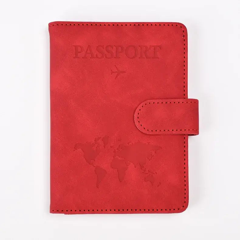 Protège-passeport rfid cuir rouge en cuir synthétique avec design embossé carte du monde et avion