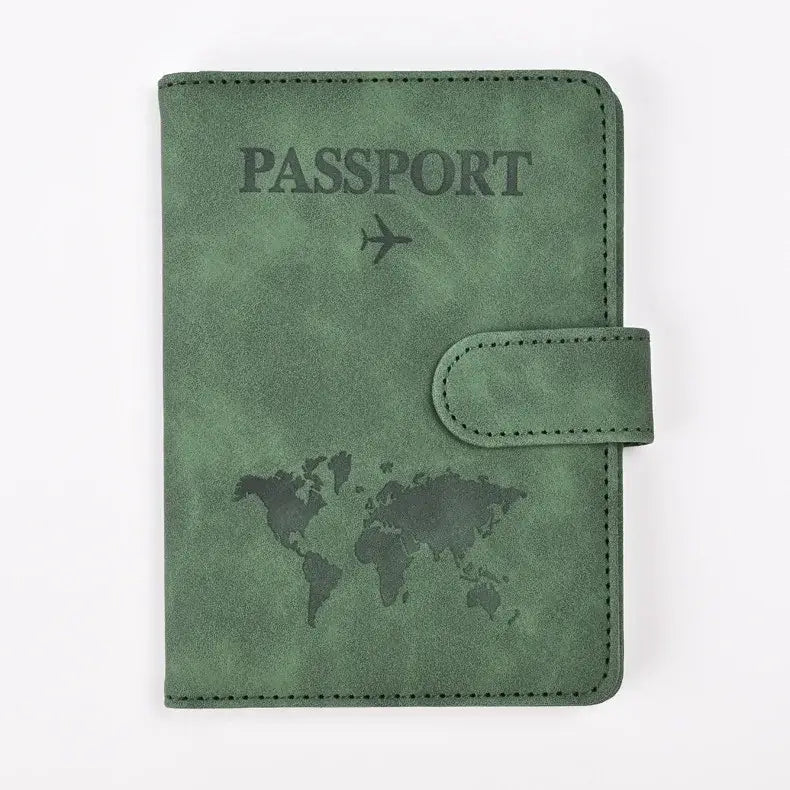 Protège-passeport rfid antimagnétique en cuir vert avec relief carte du monde et avion pour voyage sécurisé