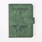 Protège-passeport rfid antimagnétique en cuir vert avec relief carte du monde et avion pour voyage sécurisé