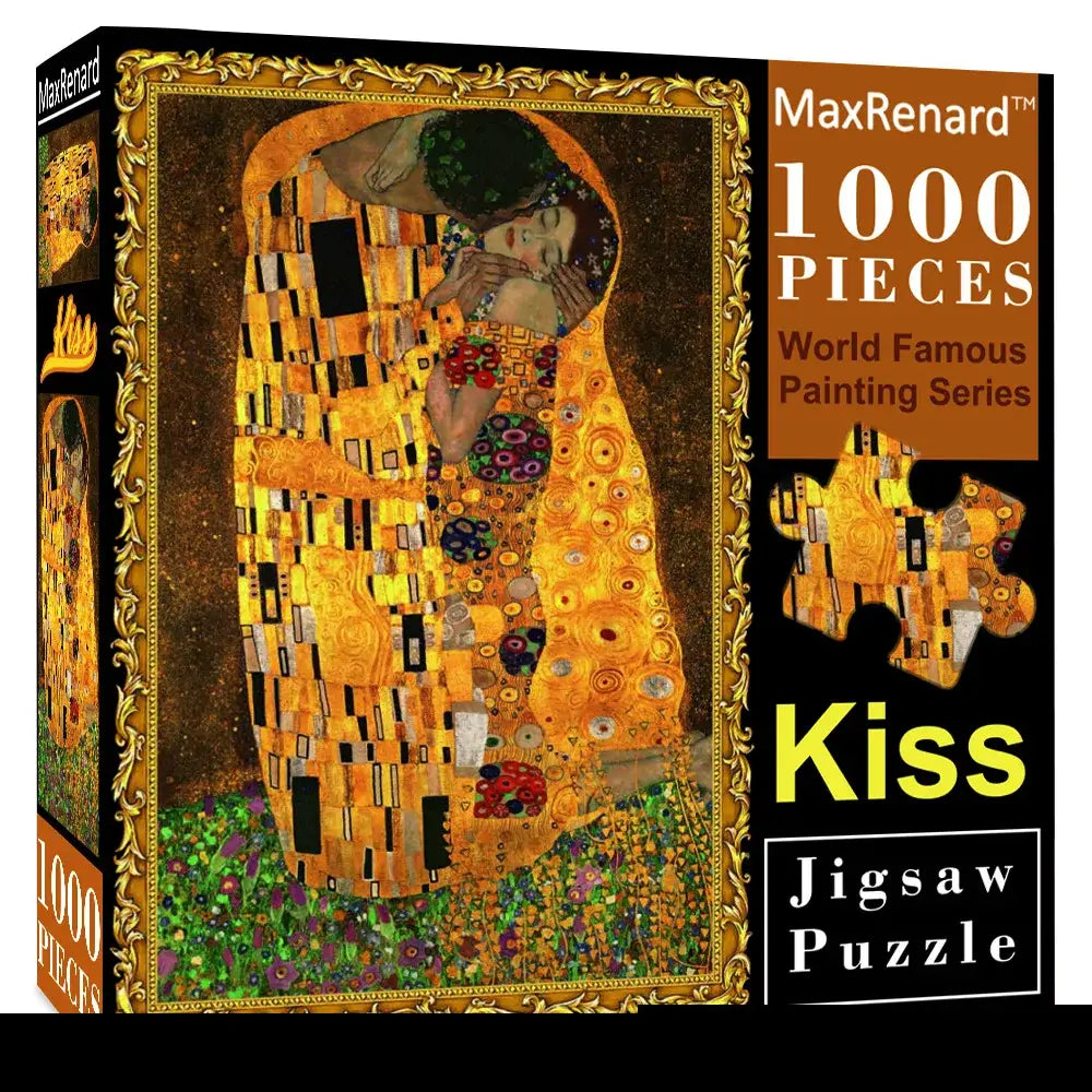 Puzzle 1000 pièces tableau ancien le baiser de gustav klimt avec design doré et motifs ornés sur la boîte
