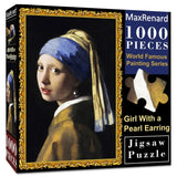Puzzle 1000 pièces maxrenard représentant la célèbre jeune fille la jeune fille à la perle de vermeer avec son foulard bleu et robe jaune fabriqué à partir de carton qualité