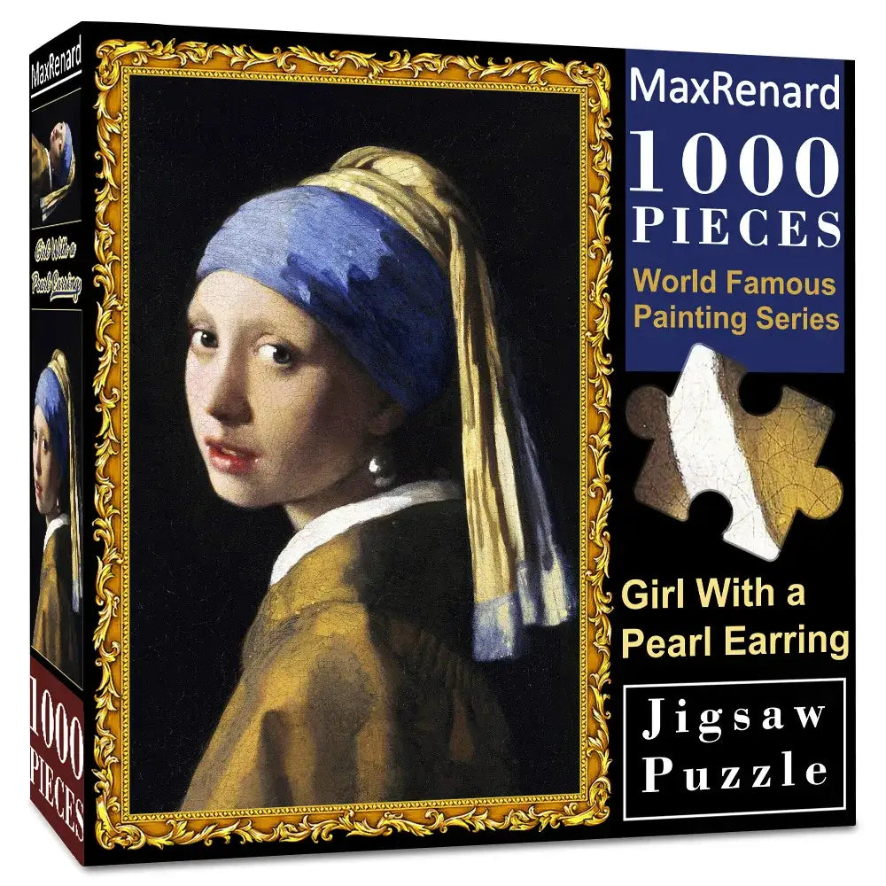 Puzzle 1000 pièces maxrenard représentant la célèbre jeune fille la jeune fille à la perle de vermeer avec son foulard bleu et robe jaune fabriqué à partir de carton qualité