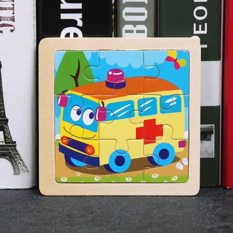 Puzzle bois pédagogique bébé avec ambulance en bois colorée pour motricité fine et petites mains