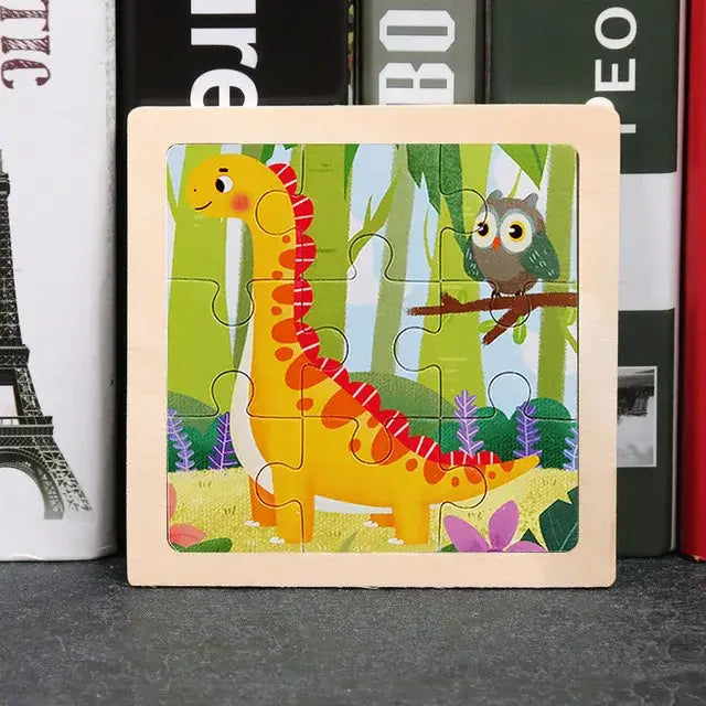 Puzzle bois pédagogique bébé en bois avec dinosaure jaune et chouette pour motricité fine des petites mains