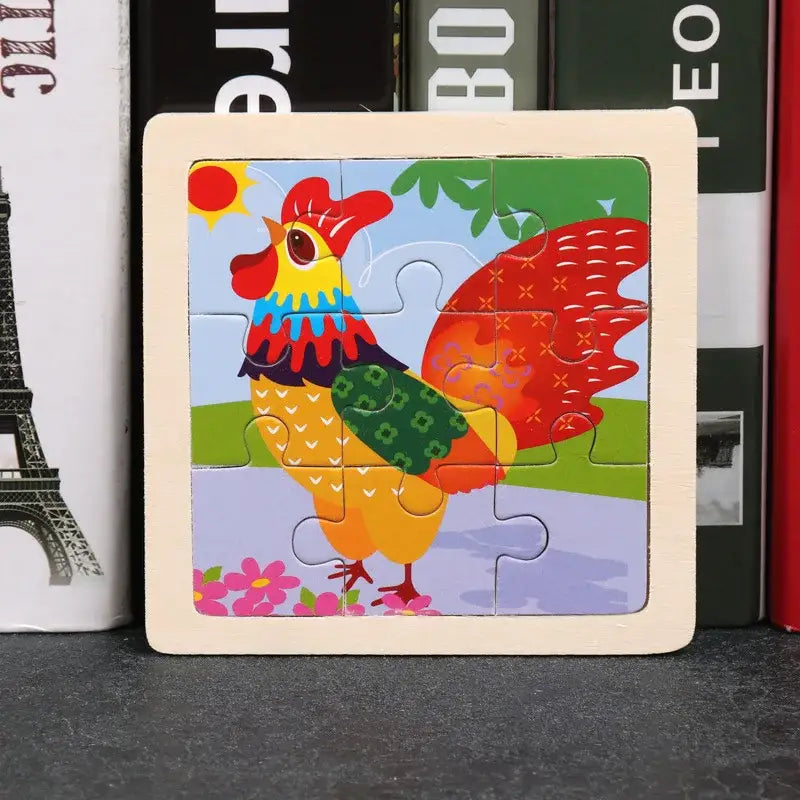 Puzzle bois pédagogique bébé avec puzzle en bois coloré représentant un coq vivant pour motricité fine petites mains