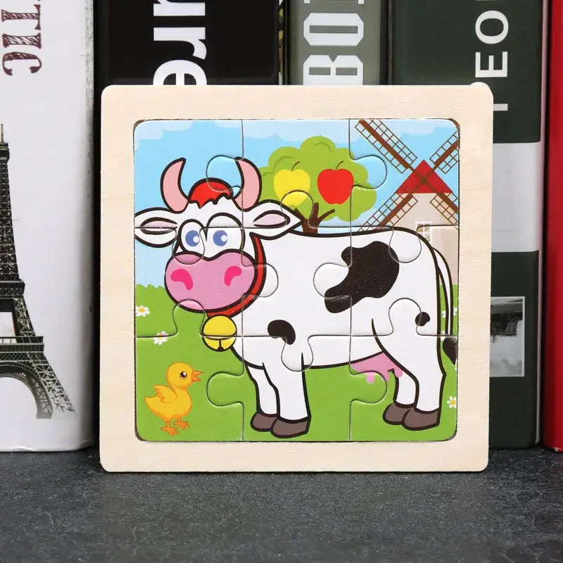 Puzzle bois pédagogique bébé en bois avec vache cartoon noir et blanc pour motricité fine des petites mains