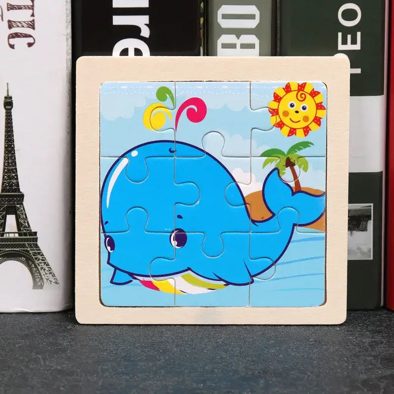 Puzzle bois pédagogique carré en bois avec baleine bleue et éléments colorés pour motricité fine des petites mains