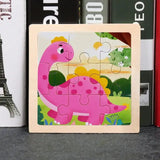 Puzzle bois pédagogique bébé dinosaure rose à pois dans un cadre en bois clair pour motricité fine petites mains