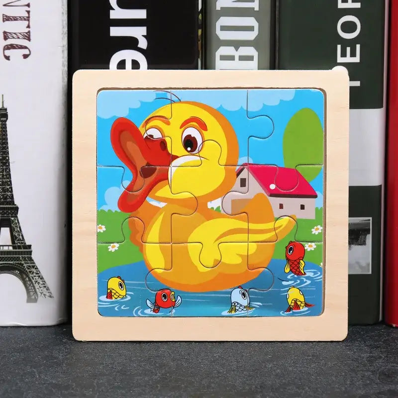 Puzzle bois pédagogique bébé en bois avec canard jaune et poissons colorés pour motricité fine et petites mains