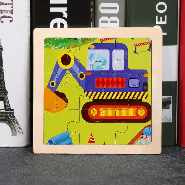 Puzzle bois pédagogique bébé avec excavatrice colorée en bois pour développer la motricité fine des petites mains