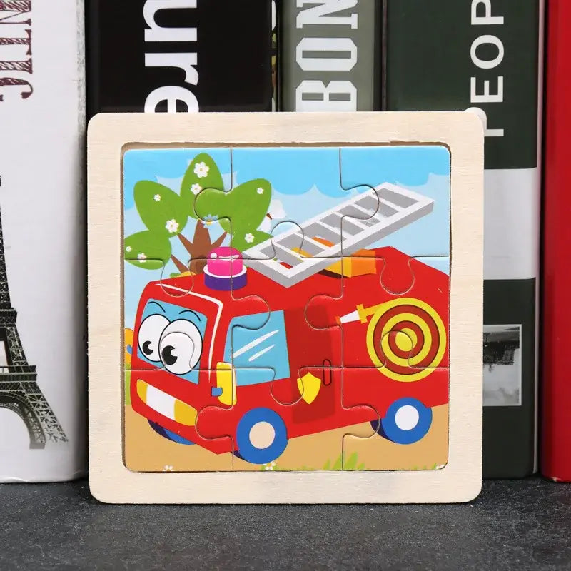 Puzzle bois pédagogique bébé avec camion de pompiers rouge en bois pour motricité fine des petites mains