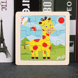 Puzzle bois pédagogique bébé avec girafe jaune à taches rouges en scène extérieure colorée pour motricité fine petites mains