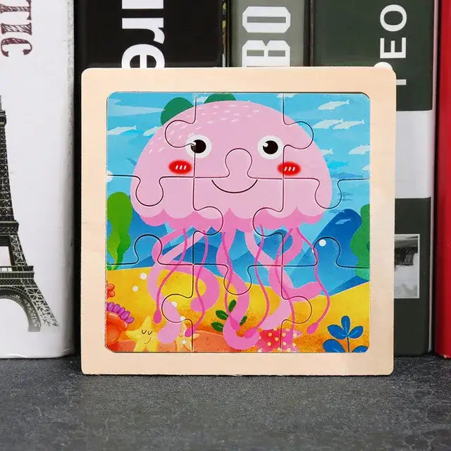 Puzzle bois pédagogique bébé en bois avec une méduse rose pour motricité fine et petites mains