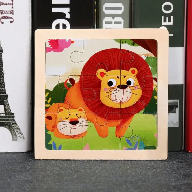 Puzzle bois pédagogique bébé en bois avec lion cartoon à crinière rouge et lionceau orange pour motricité fine petites mains