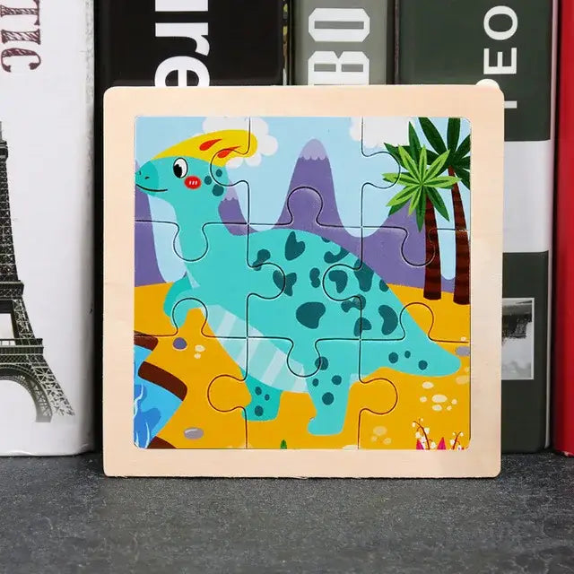 Puzzle bois pédagogique bébé avec dinosaure turquoise coloré pour motricité fine et développement des petites mains