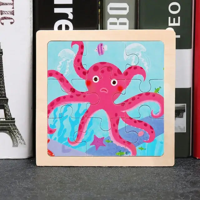 Puzzle bois pédagogique bébé en bois avec pieuvre rose pour motricité fine et développement des petites mains