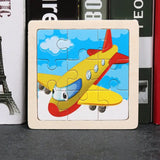 Puzzle bois pédagogique bébé en bois avec avion jaune et rouge sur fond ciel bleu pour motricité fine petites mains