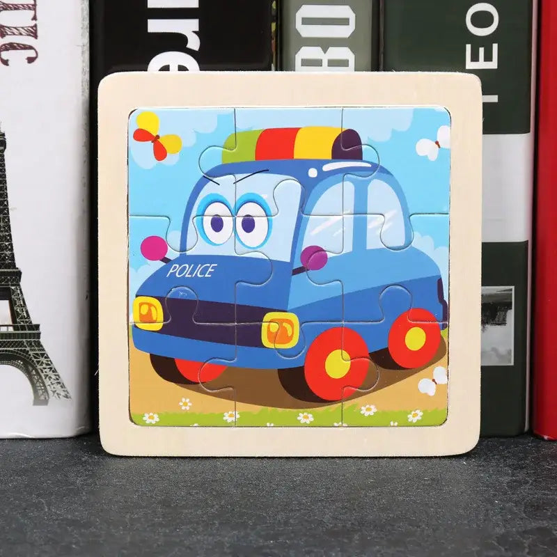 Puzzle bois pédagogique voiture de police bleue en bois avec lumières arc-en-ciel colorées pour motricité fine petites mains