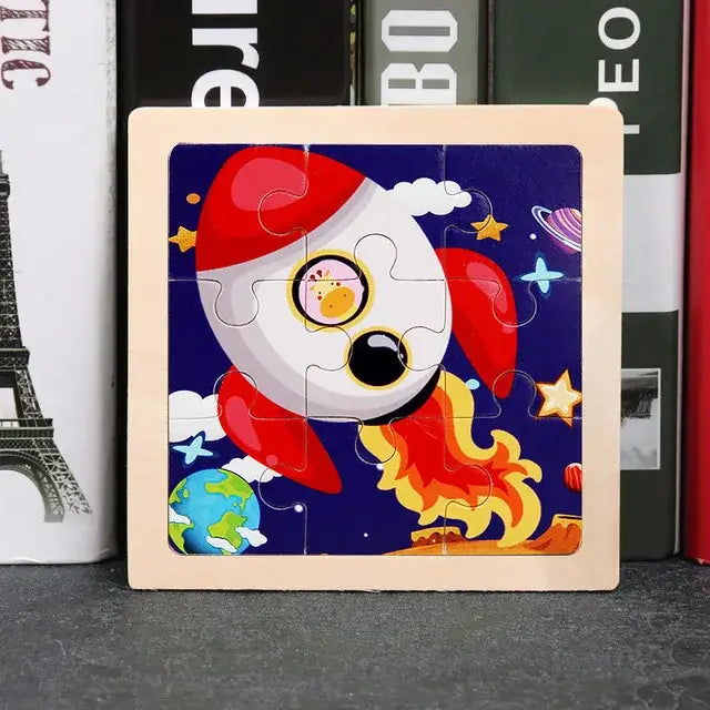 Puzzle bois pédagogique bébé en bois coloré avec fusée rouge et blanche pour motricité fine des petites mains