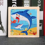 Puzzle bois pédagogique bébé en bois coloré avec requin bleu et poissons rouges pour motricité fine petites mains