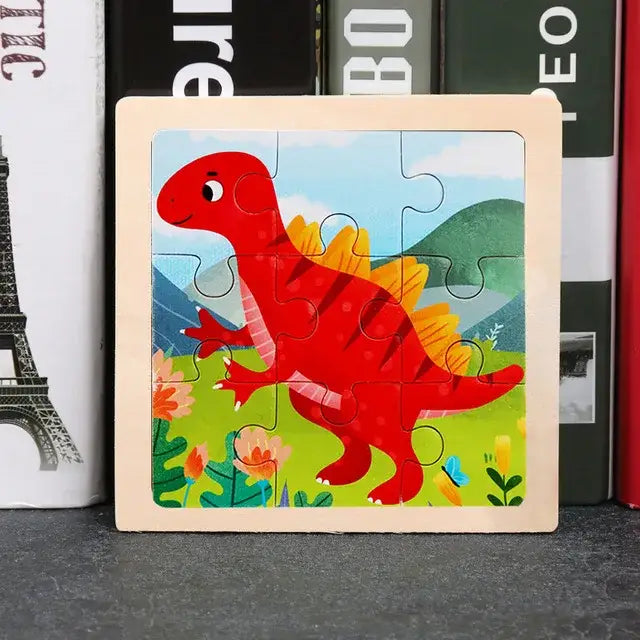 Puzzle bois pédagogique bébé dinosaure rouge en bois avec dos épineux jaune pour motricité fine petites mains
