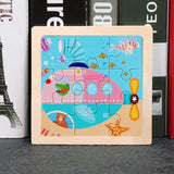 Puzzle bois pédagogique bébé en bois coloré avec un sous-marin et crocodile pour motricité fine petites mains