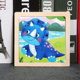 Puzzle bois pédagogique bébé avec triceratops bleu cartoon encadré en bois clair pour motricité fine petites mains